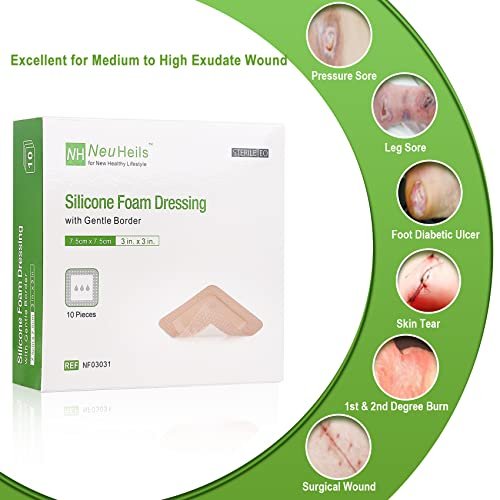 NeuHeils Silikonhaftender Schaumverband mit sanftem Rand 3''x3'' für Dekubitus, 10 Stück, saugfähiger wasserdichter Silikon-Wundverband für Fußdiabetische Ulzera