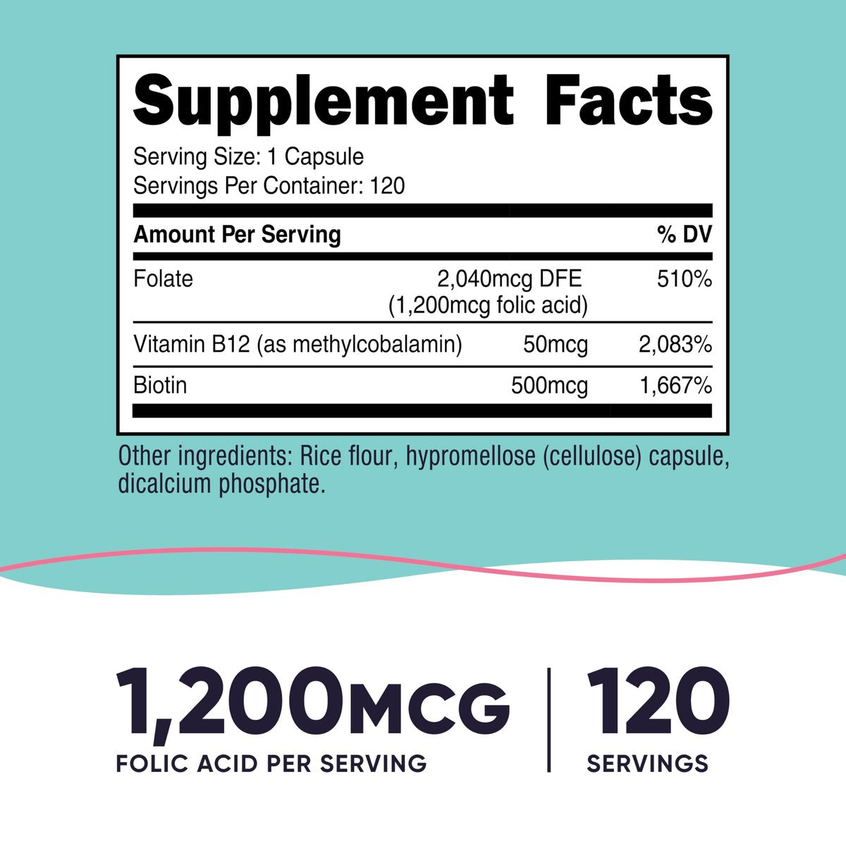 Nutricost Folsäure für Frauen (Vitamin B9) 1200 mcg, 120 Kapseln, mit B12 und Biotin, Veggie Kapseln, Non-GMO & Glutenfrei