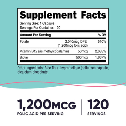 Nutricost Folsäure für Frauen (Vitamin B9) 1200 mcg, 120 Kapseln, mit B12 und Biotin, Veggie Kapseln, Non-GMO & Glutenfrei