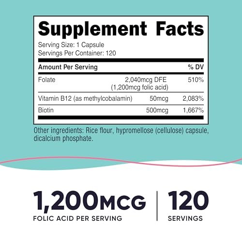 Nutricost Folsäure für Frauen (Vitamin B9) 1200 mcg, 120 Kapseln, mit B12 und Biotin, Veggie Kapseln, Non-GMO & Glutenfrei