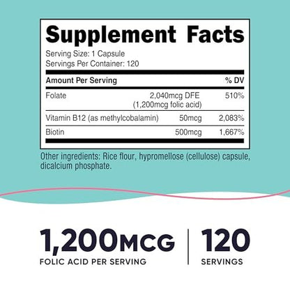 Nutricost Folsäure für Frauen (Vitamin B9) 1200 mcg, 120 Kapseln, mit B12 und Biotin, Veggie Kapseln, Non-GMO & Glutenfrei