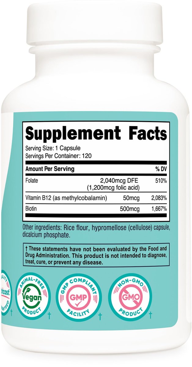 Nutricost Folsäure für Frauen (Vitamin B9) 1200 mcg, 120 Kapseln, mit B12 und Biotin, Veggie Kapseln, Non-GMO & Glutenfrei