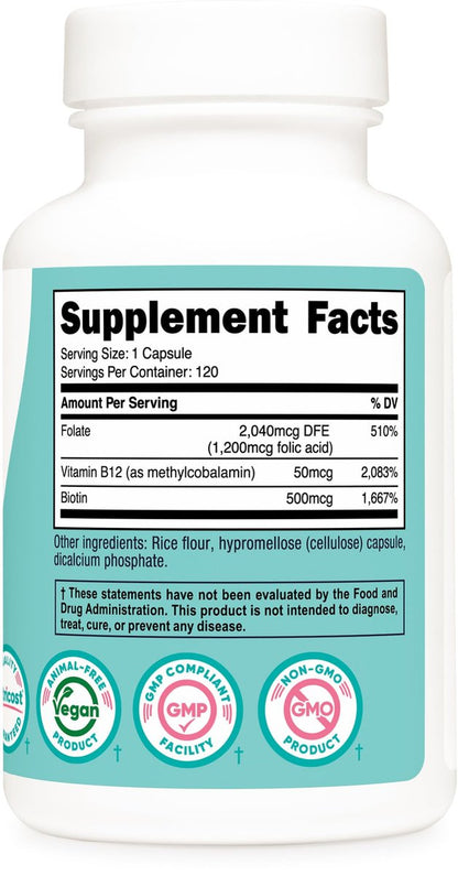 Nutricost Folsäure für Frauen (Vitamin B9) 1200 mcg, 120 Kapseln, mit B12 und Biotin, Veggie Kapseln, Non-GMO & Glutenfrei