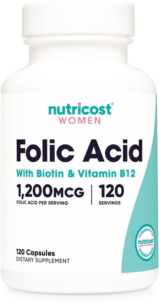 Nutricost Folsäure für Frauen (Vitamin B9) 1200 mcg, 120 Kapseln, mit B12 und Biotin, Veggie Kapseln, Non-GMO & Glutenfrei