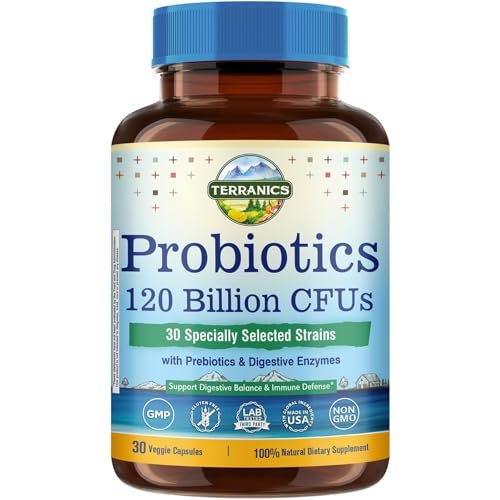 Terranics Probiotika 120 Milliarden mit Präbiotika & Verdauungsenzymen, 30 getestete Stämme, Komplette Verdauungs- & Immununterstützung, Non-GMO, Ohne Soja, Milchprodukte & Gluten, für Männer und Frauen, 30 vegane Kapseln
