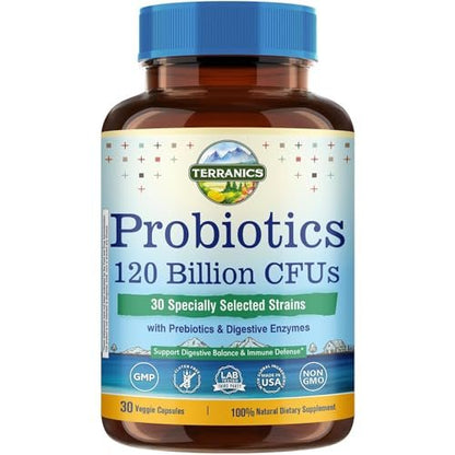 Terranics Probiotika 120 Milliarden mit Präbiotika & Verdauungsenzymen, 30 getestete Stämme, Komplette Verdauungs- & Immununterstützung, Non-GMO, Ohne Soja, Milchprodukte & Gluten, für Männer und Frauen, 30 vegane Kapseln