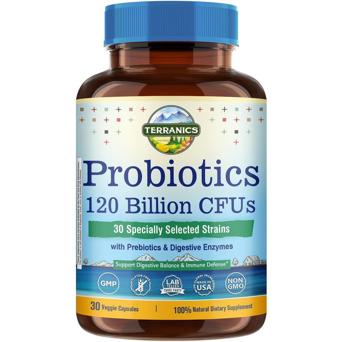 Terranics Probiotika 120 Milliarden mit Präbiotika & Verdauungsenzymen, 30 getestete Stämme, Komplette Verdauungs- & Immununterstützung, Non-GMO, Ohne Soja, Milchprodukte & Gluten, für Männer und Frauen, 30 vegane Kapseln