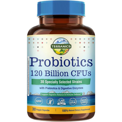 Terranics Probiotika 120 Milliarden mit Präbiotika & Verdauungsenzymen, 30 getestete Stämme, Komplette Verdauungs- & Immununterstützung, Non-GMO, Ohne Soja, Milchprodukte & Gluten, für Männer und Frauen, 30 vegane Kapseln