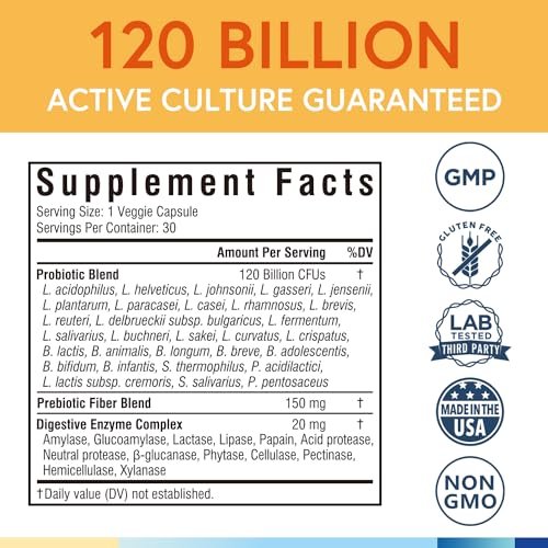 Terranics Probiotika 120 Milliarden mit Präbiotika & Verdauungsenzymen, 30 getestete Stämme, Komplette Verdauungs- & Immununterstützung, Non-GMO, Ohne Soja, Milchprodukte & Gluten, für Männer und Frauen, 30 vegane Kapseln