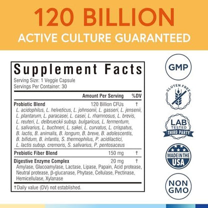 Terranics Probiotika 120 Milliarden mit Präbiotika & Verdauungsenzymen, 30 getestete Stämme, Komplette Verdauungs- & Immununterstützung, Non-GMO, Ohne Soja, Milchprodukte & Gluten, für Männer und Frauen, 30 vegane Kapseln
