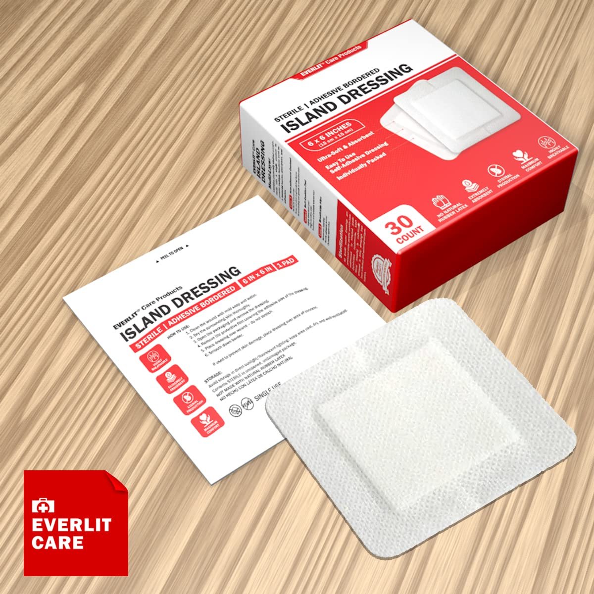 EVERLIT Island Dressing Bordered Gauze | Große Wundauflage mit Kleberand | Steril, weich & hoch saugfähig | Medizinisches Verbandpad (6x6 Zoll, 30 Stück)