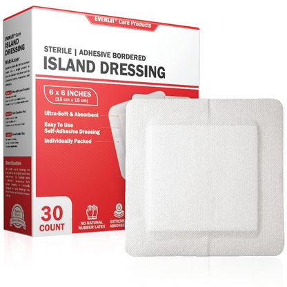 EVERLIT Island Dressing Bordered Gauze | Große Wundauflage mit Kleberand | Steril, weich & hoch saugfähig | Medizinisches Verbandpad (6x6 Zoll, 30 Stück)