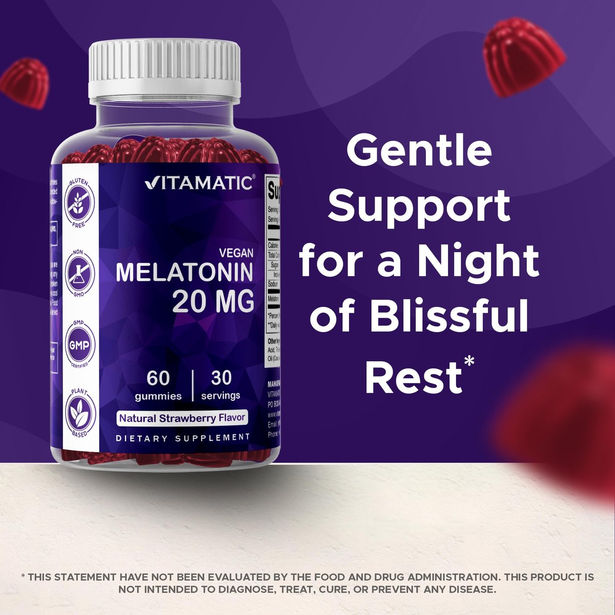 Vitamatic Melatonin 20mg Gummies für Erwachsene, 30 Portionen - 60 Stück - Nicht gewohnheitsbildendes Nahrungsergänzungsmittel (2er-Pack)
