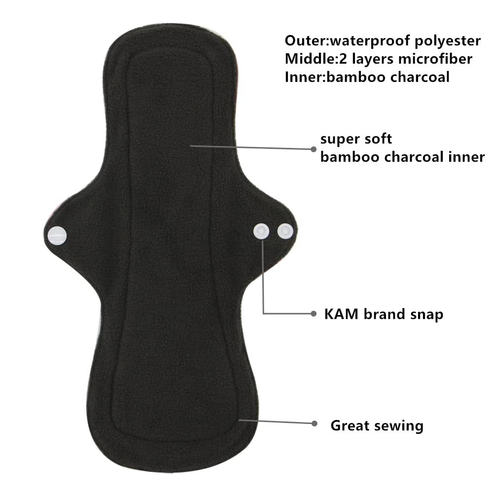Asenappy Wiederverwendbare Menstruationseinlagen aus Bambuskohle – 5er-Pack mit Mini-Wetbag für starke Tage und Inkontinenz