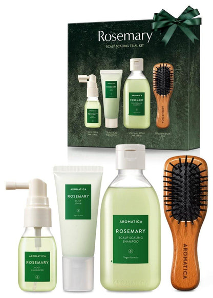 AROMATICA Rosmarin Kopfhaut Peeling Probierset – Reisegröße Koreanische Haarpflege für Frauen mit Mini-Holzbürste, sanftes Peeling für die Kopfhaut, mit Rosmarinöl & veganer Formel
