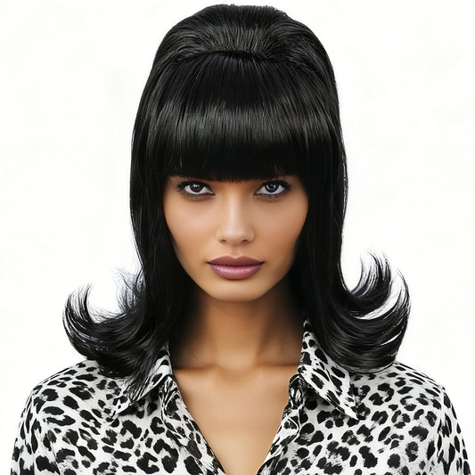 Linfairy Retro Kurze Schwarze Perücke – Große Bouffant-Beehive-Perücke für Frauen – 50er und 80er Jahre Kostüm