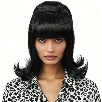 Linfairy Retro Kurze Schwarze Perücke – Große Bouffant-Beehive-Perücke für Frauen – 50er und 80er Jahre Kostüm