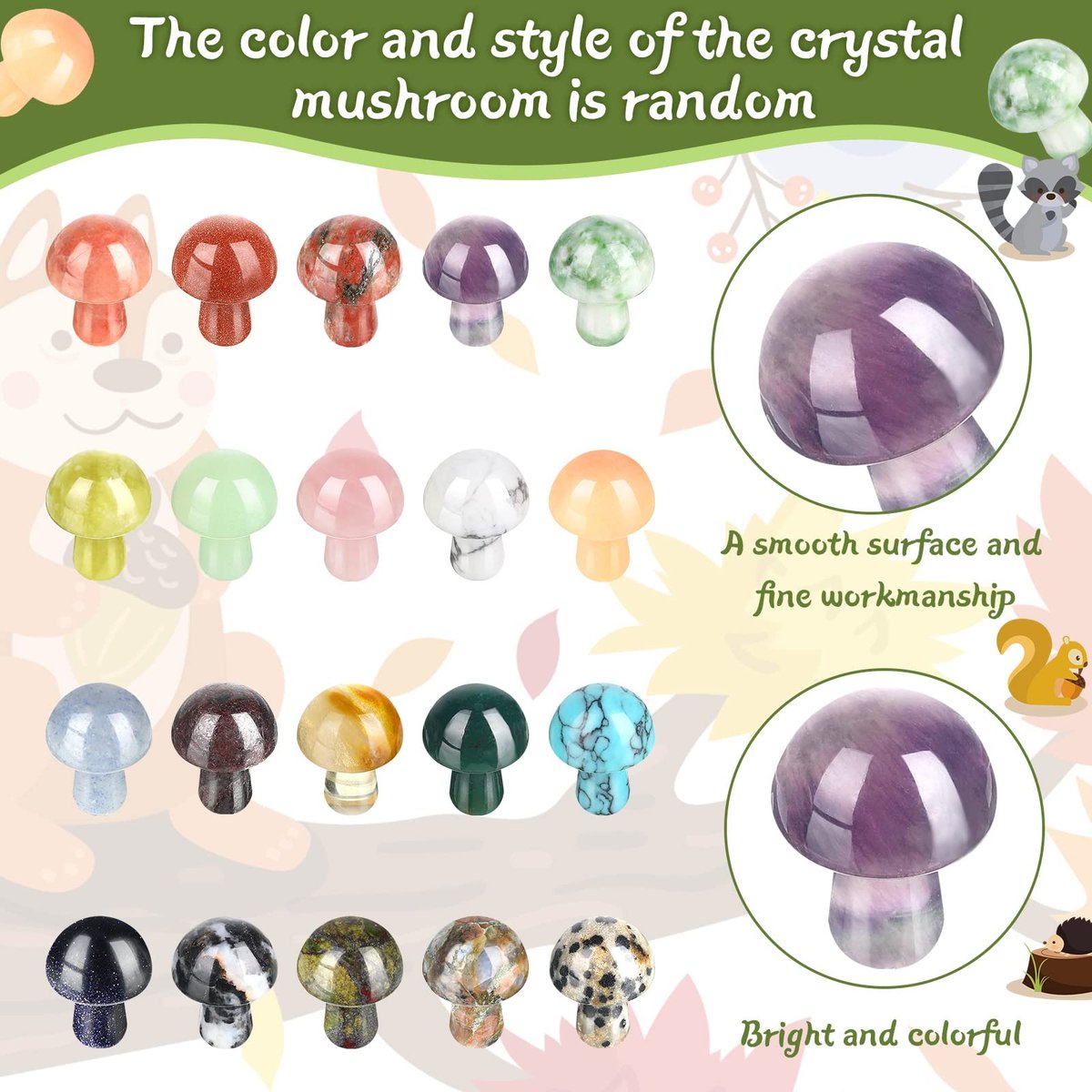 Nuanchu 20 Stücke Kristallpilz Dekoration, handgefertigte Mini-Skulptur, Sorgenstein Figuren, Bulk Edelstein poliert, für Hexerei DIY Meditation Garten (Klassische Farben)