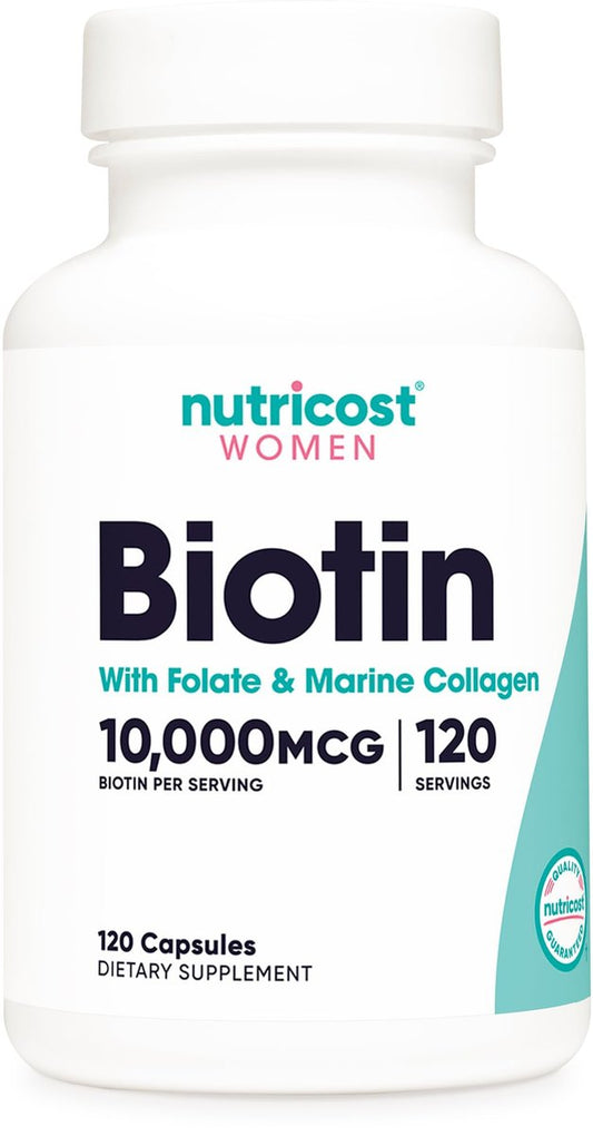 Nutricost Biotin 10.000 mcg für Frauen mit Folsäure & Kollagen – 120 Kapseln, Glutenfrei & Nicht-GVO
