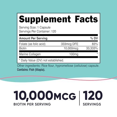 Nutricost Biotin 10.000 mcg für Frauen mit Folsäure & Kollagen – 120 Kapseln, Glutenfrei & Nicht-GVO