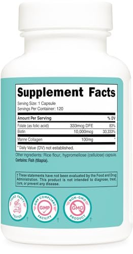 Nutricost Biotin 10.000 mcg für Frauen mit Folsäure & Kollagen – 120 Kapseln, Glutenfrei & Nicht-GVO