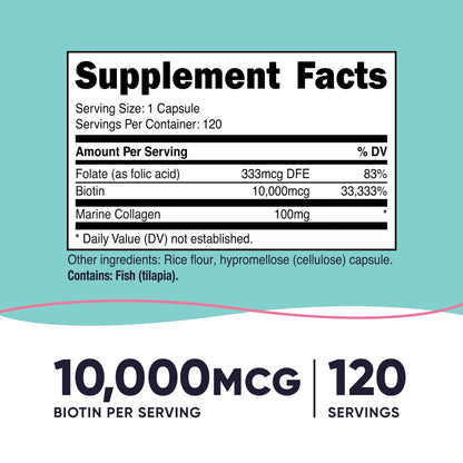 Nutricost Biotin 10.000 mcg für Frauen mit Folsäure & Kollagen – 120 Kapseln, Glutenfrei & Nicht-GVO
