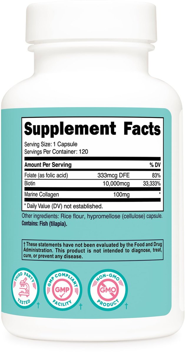 Nutricost Biotin 10.000 mcg für Frauen mit Folsäure & Kollagen – 120 Kapseln, Glutenfrei & Nicht-GVO
