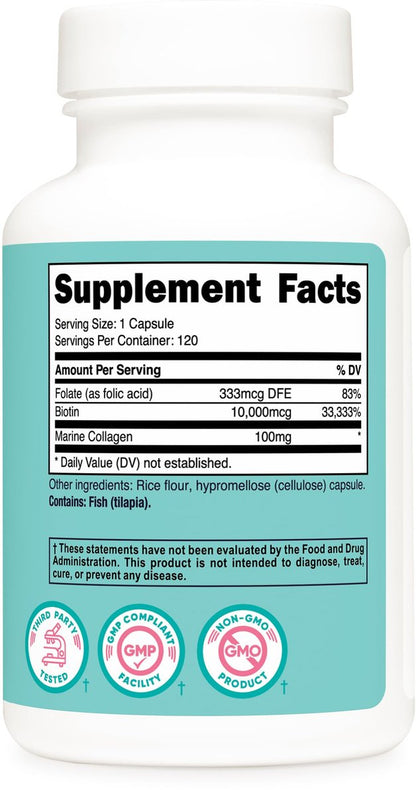 Nutricost Biotin 10.000 mcg für Frauen mit Folsäure & Kollagen – 120 Kapseln, Glutenfrei & Nicht-GVO