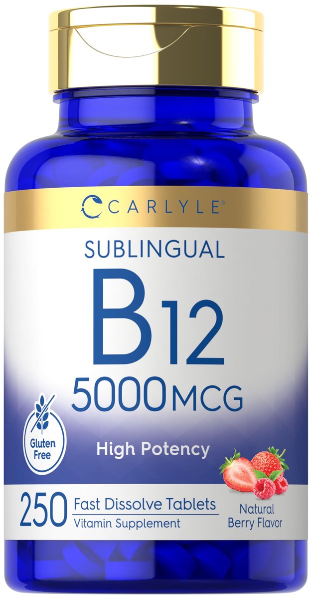 Carlyle B12 Vitamin 5000 mcg Sublingual – 250 schnell lösliche Tabletten, hochdosiert, natürlicher Beerengeschmack, vegetarisch, nicht-GVO & glutenfrei