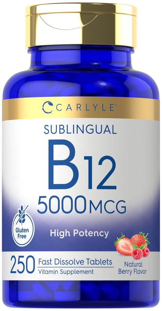 Carlyle B12 Vitamin 5000 mcg Sublingual – 250 schnell lösliche Tabletten, hochdosiert, natürlicher Beerengeschmack, vegetarisch, nicht-GVO & glutenfrei