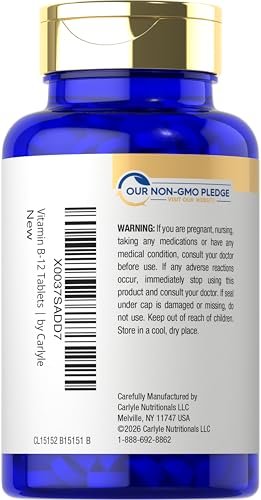 Carlyle B12 Vitamin 5000 mcg Sublingual – 250 schnell lösliche Tabletten, hochdosiert, natürlicher Beerengeschmack, vegetarisch, nicht-GVO & glutenfrei