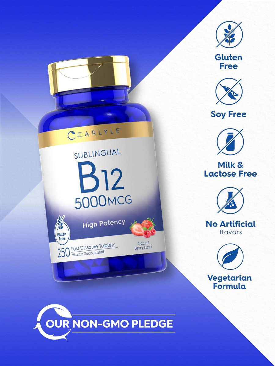 Carlyle B12 Vitamin 5000 mcg Sublingual – 250 schnell lösliche Tabletten, hochdosiert, natürlicher Beerengeschmack, vegetarisch, nicht-GVO & glutenfrei