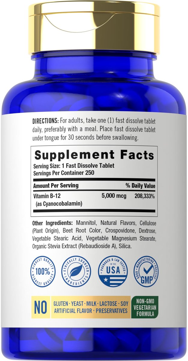 Carlyle B12 Vitamin 5000 mcg Sublingual – 250 schnell lösliche Tabletten, hochdosiert, natürlicher Beerengeschmack, vegetarisch, nicht-GVO & glutenfrei