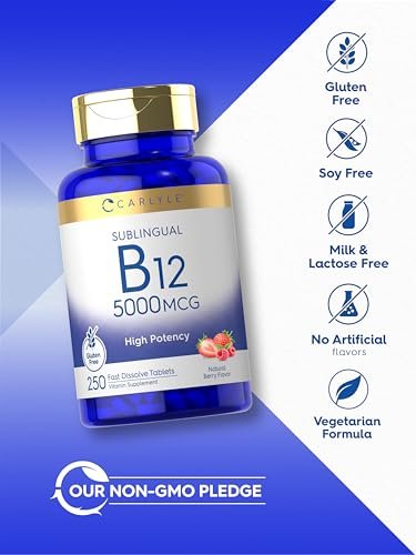 Carlyle B12 Vitamin 5000 mcg Sublingual – 250 schnell lösliche Tabletten, hochdosiert, natürlicher Beerengeschmack, vegetarisch, nicht-GVO & glutenfrei