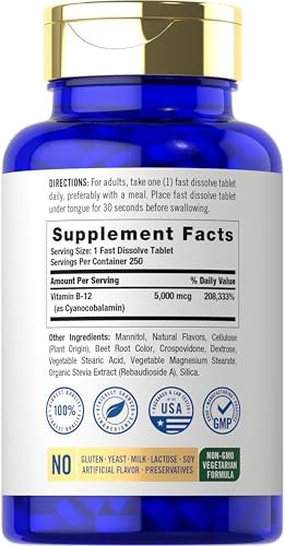 Carlyle B12 Vitamin 5000 mcg Sublingual – 250 schnell lösliche Tabletten, hochdosiert, natürlicher Beerengeschmack, vegetarisch, nicht-GVO & glutenfrei