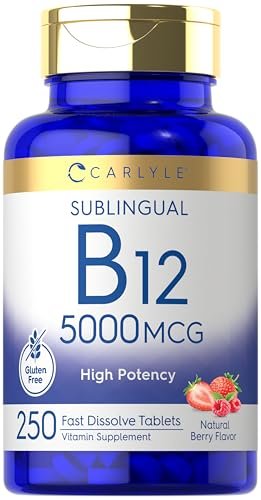 Carlyle B12 Vitamin 5000 mcg Sublingual – 250 schnell lösliche Tabletten, hochdosiert, natürlicher Beerengeschmack, vegetarisch, nicht-GVO & glutenfrei