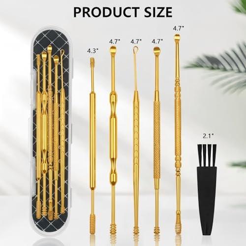 Hion 6-teiliges Ohrenschmalz-Entfernungsset, professionelle doppelköpfige Ohrpickel aus 316L Edelstahl mit Reinigungsbürste und Aufbewahrungsbox, geeignet für Erwachsene und Kinder (Gold)