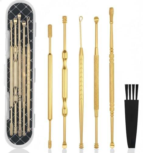 Hion 6-teiliges Ohrenschmalz-Entfernungsset, professionelle doppelköpfige Ohrpickel aus 316L Edelstahl mit Reinigungsbürste und Aufbewahrungsbox, geeignet für Erwachsene und Kinder (Gold)