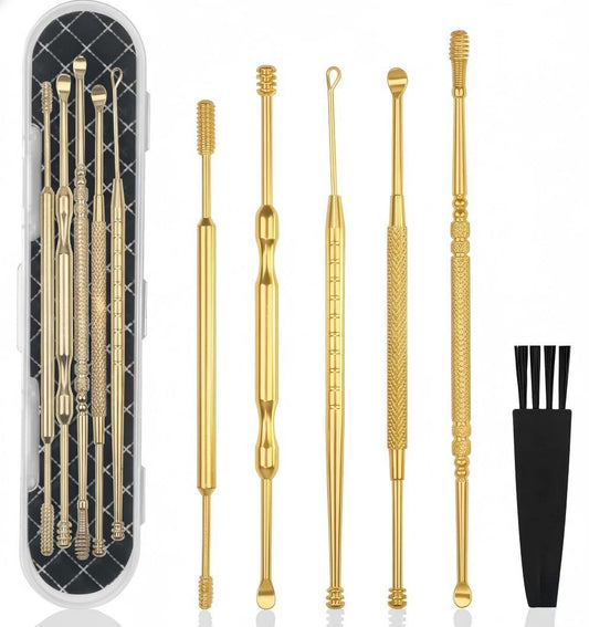 Hion 6-teiliges Ohrenschmalz-Entfernungsset, professionelle doppelköpfige Ohrpickel aus 316L Edelstahl mit Reinigungsbürste und Aufbewahrungsbox, geeignet für Erwachsene und Kinder (Gold)