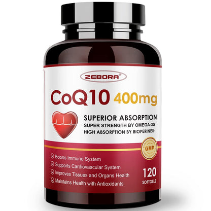 ZEBORA CoQ10 400 mg Weichkapseln mit PQQ, BioPerin & Omega-3 – Coenzym Q10 (Ubichinon) zur hohen Absorption, starkes Antioxidans, Unterstützung für Herz & Energieproduktion, 120 Portionen