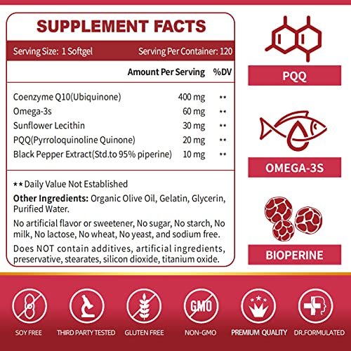 ZEBORA CoQ10 400 mg Weichkapseln mit PQQ, BioPerin & Omega-3 – Coenzym Q10 (Ubichinon) zur hohen Absorption, starkes Antioxidans, Unterstützung für Herz & Energieproduktion, 120 Portionen