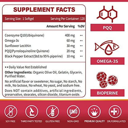 ZEBORA CoQ10 400 mg Weichkapseln mit PQQ, BioPerin & Omega-3 – Coenzym Q10 (Ubichinon) zur hohen Absorption, starkes Antioxidans, Unterstützung für Herz & Energieproduktion, 120 Portionen