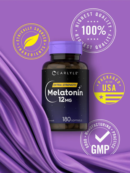 Carlyle Melatonin 12 mg | 180 Softgel-Kapseln | Extra starkes Schlafsupplement für Erwachsene | Non-GMO, glutenfrei