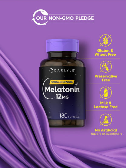 Carlyle Melatonin 12 mg | 180 Softgel-Kapseln | Extra starkes Schlafsupplement für Erwachsene | Non-GMO, glutenfrei