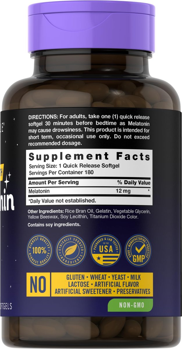 Carlyle Melatonin 12 mg | 180 Softgel-Kapseln | Extra starkes Schlafsupplement für Erwachsene | Non-GMO, glutenfrei