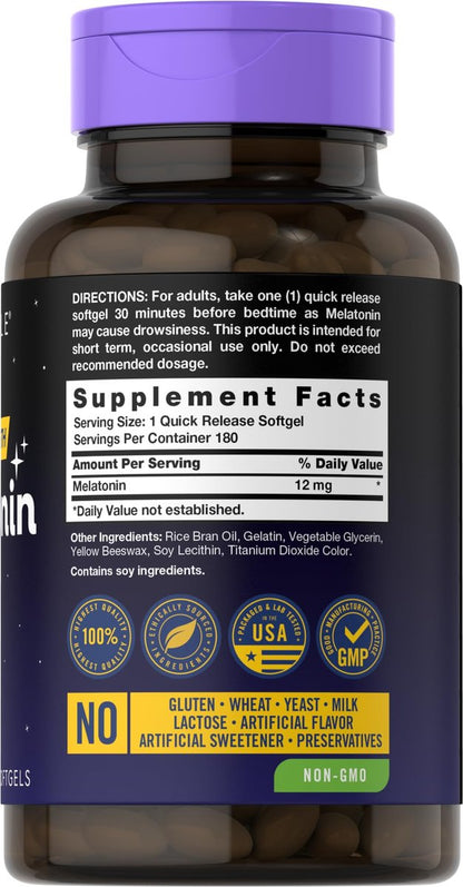 Carlyle Melatonin 12 mg | 180 Softgel-Kapseln | Extra starkes Schlafsupplement für Erwachsene | Non-GMO, glutenfrei