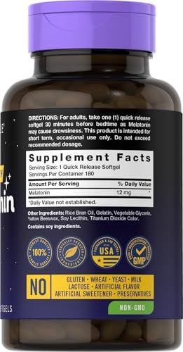 Carlyle Melatonin 12 mg | 180 Softgel-Kapseln | Extra starkes Schlafsupplement für Erwachsene | Non-GMO, glutenfrei