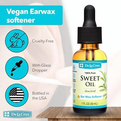 De La Cruz Ohrenreiniger und Ohrenschmalz-Erweicher, 100% reines Süßöl für die Ohren, sanft und natürlich – 30 ml