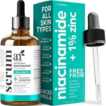 Artnaturals Niacinamid Gesichtsserum mit 10% aktivem Niacinamid, 1% Zink PCA & Vitamin B3 – Hyaluronsäure, Porenverfeinerer, mineralischer Hautschutz, 30 ml