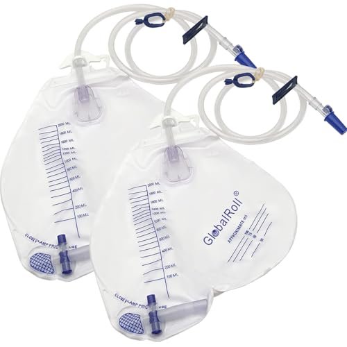 GlobalRoll Urinbeutel mit Anti-Reflux-Kammer, 2000 ml Fassungsvermögen, 122 cm Drainageschlauch, Clips und Aufhängehaken, professioneller Urinbeutel für zu Hause und Krankenhäuser, 2er-Pack